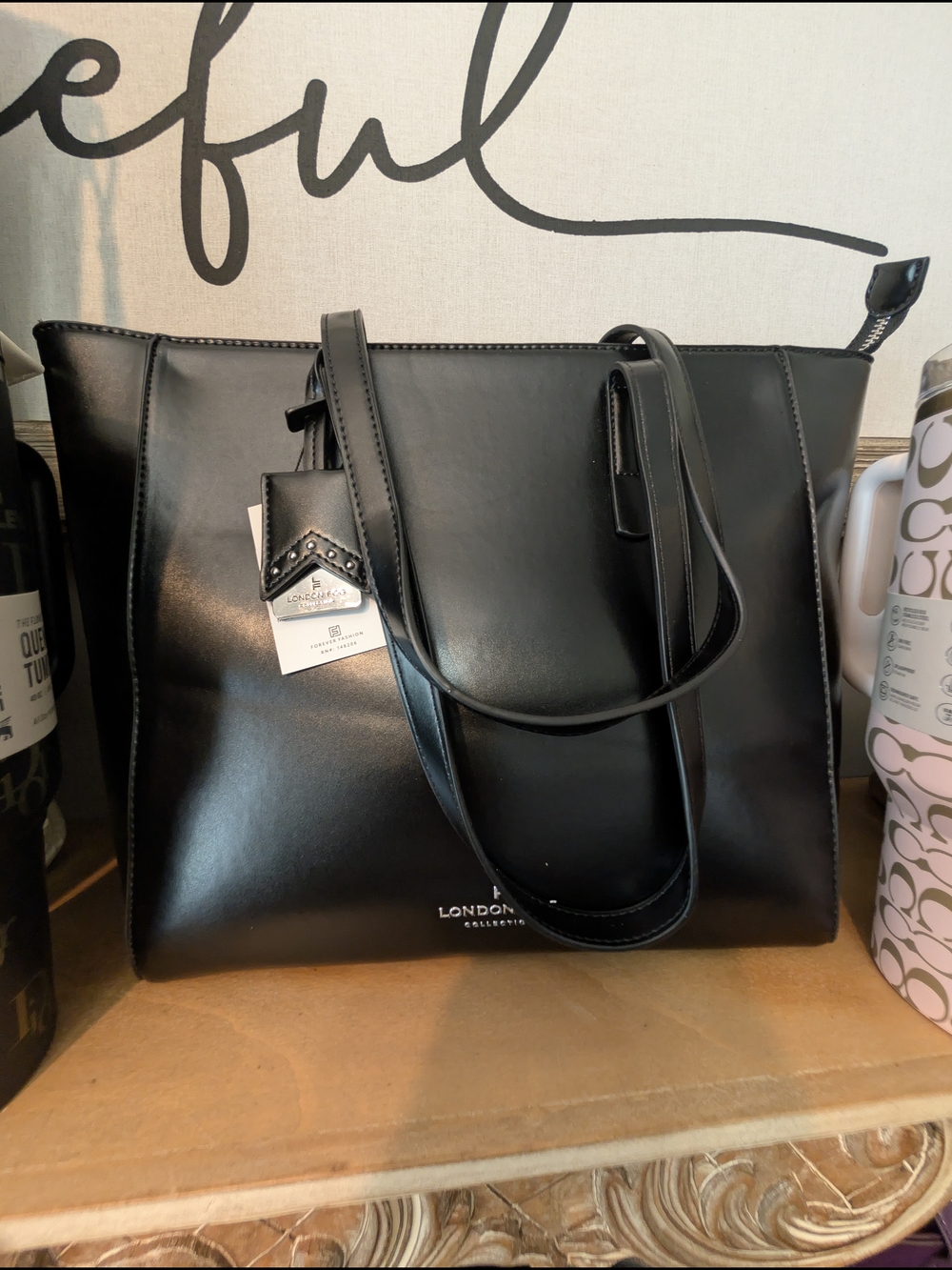 London Fog Black Smooth Leather-Look Tote Shiny